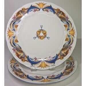 Pair Of Porsgrund Norway Ocean Dinner Plates Porcelain 11" Dolphin Mermaid Rare